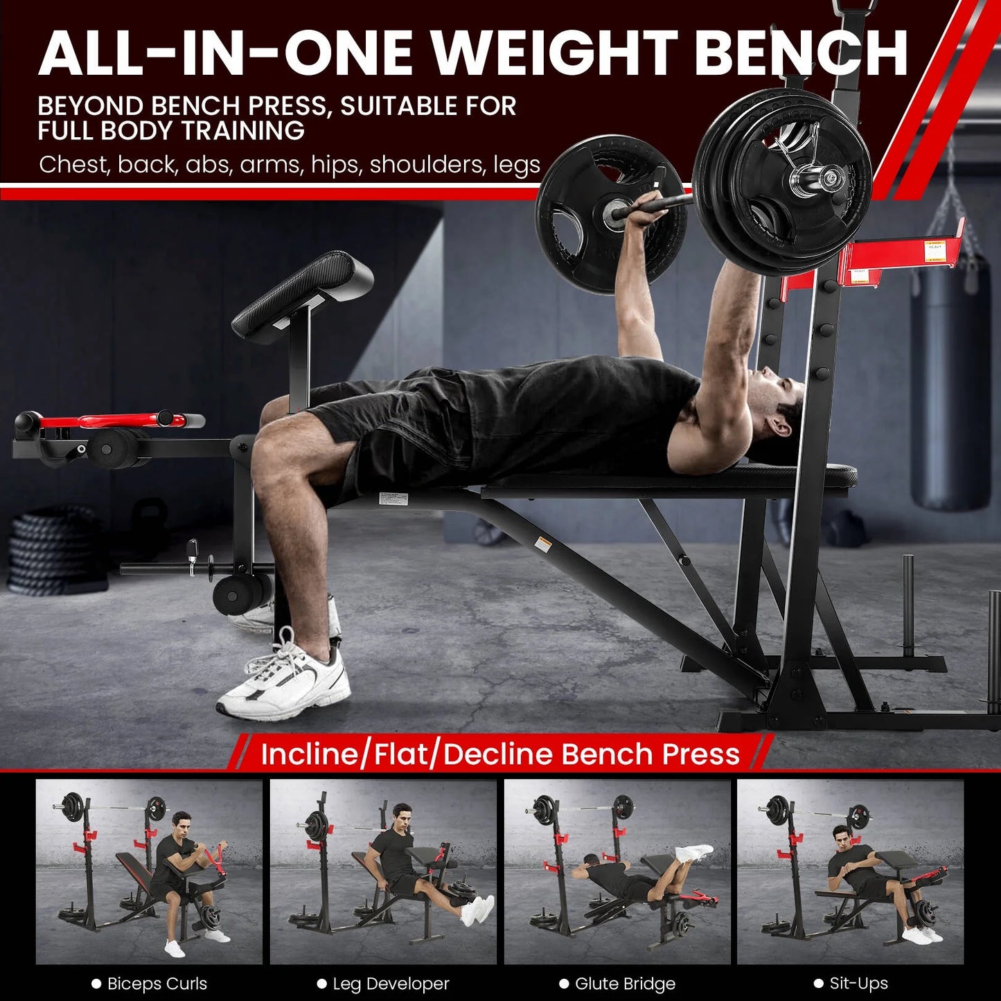 900LBS Olympic Weight Bench Set with Barbell Rack, Preacher Curl, Leg Extension Full Body Exercise Workout Bench Press for Home Gym