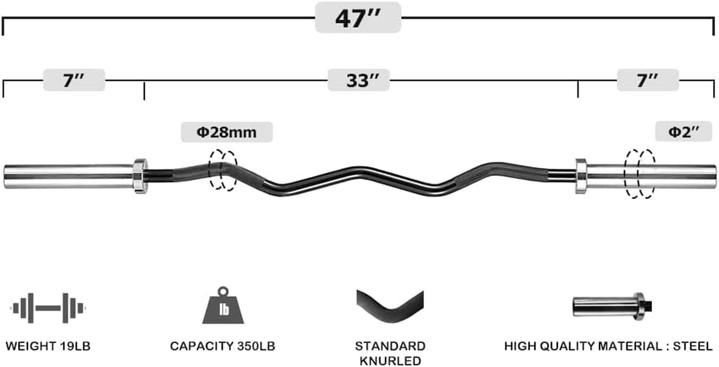 Fitness Olympic EZ Curl Bar 47Inch/86Inch(7Ft)- (350Lb/1500Lb) Curling Bar for Gym Strength Training Chrome Sleeves Solid Steel Barbell Weight Lifting Bar for Bicep Curls and Triceps Extensions